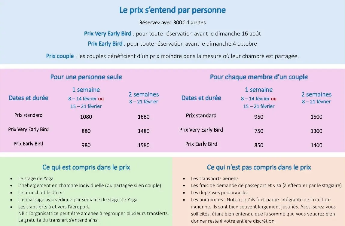2 retraites de Yoga dans le Kerala, Inde Sud, février 2027 1 Retraite Yoga Kerala 2027-prix